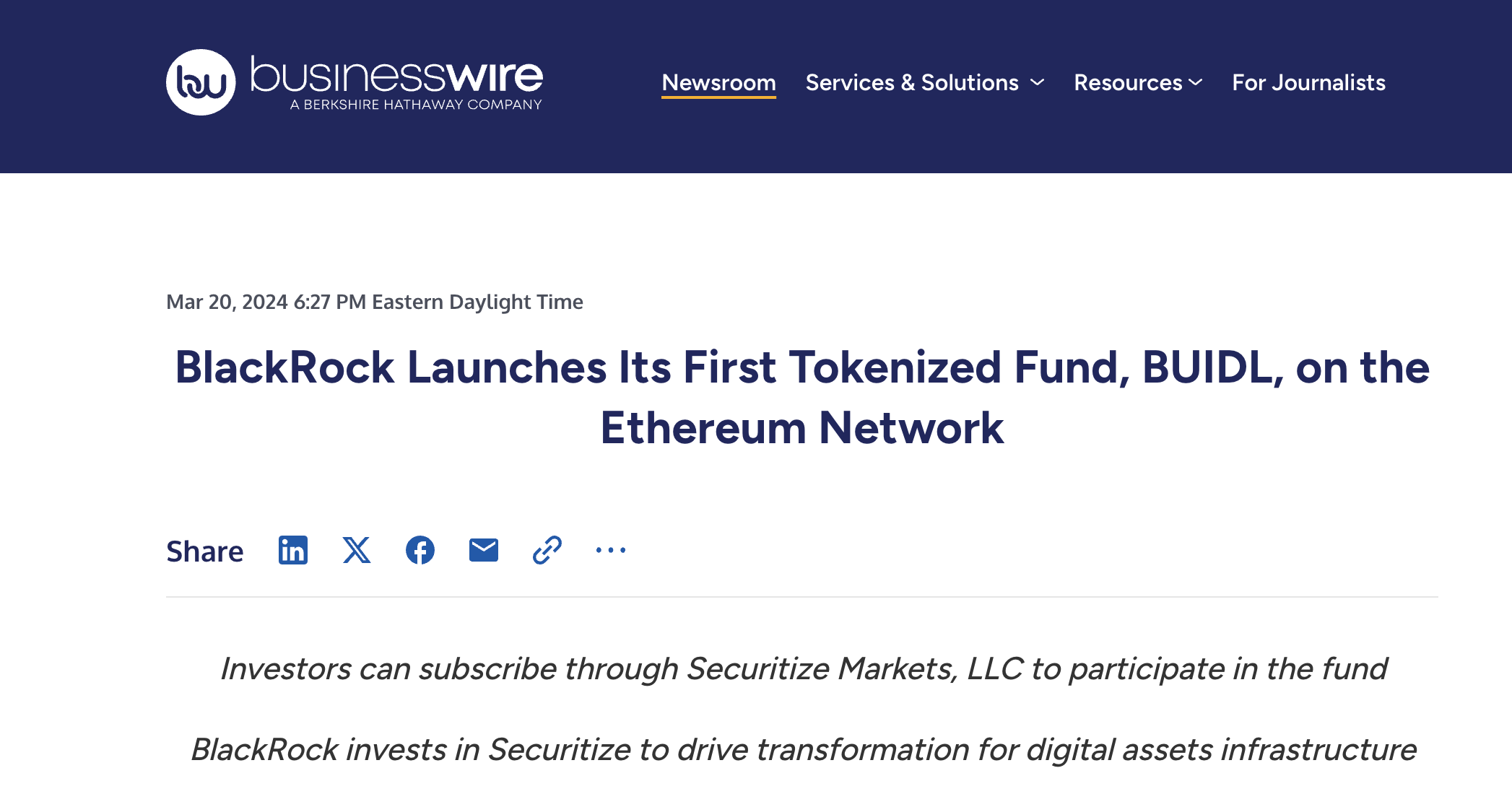 BlackRock Launches Its First Tokenized Fund, BUIDL, on the Ethereum Network.