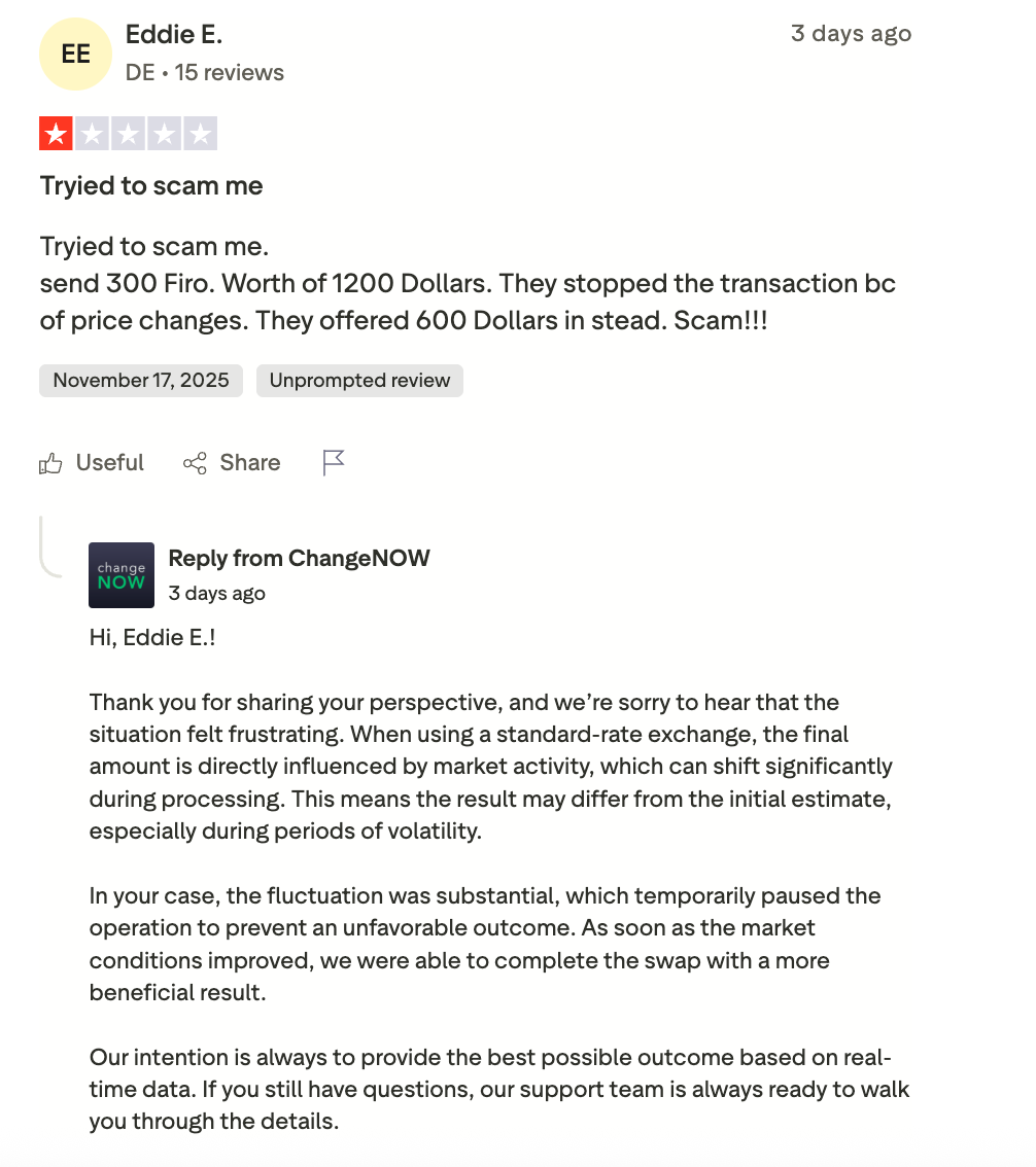This picture shows Trustpilot review about ChangeNOW