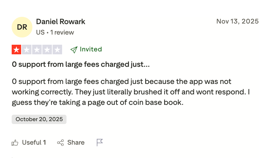 This picture shows Kraken's Trustpilot review. User named Daniel is displeased with customer support