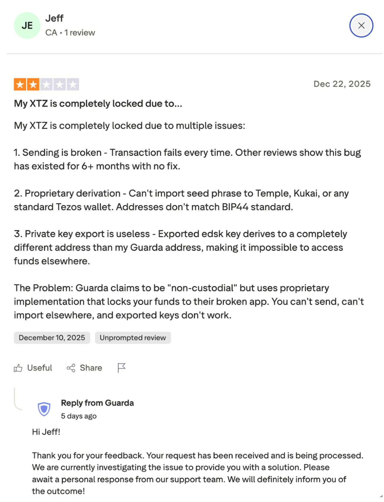 The user's review from Trustpilot.